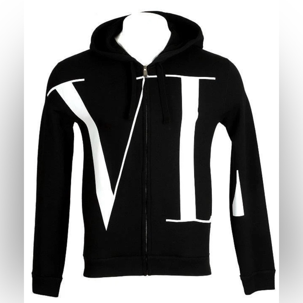 NEW VALENTINO MEN'S BLACK COTTON VLTN LOGO HOODIE ZIPPER JACKET MEDIUM